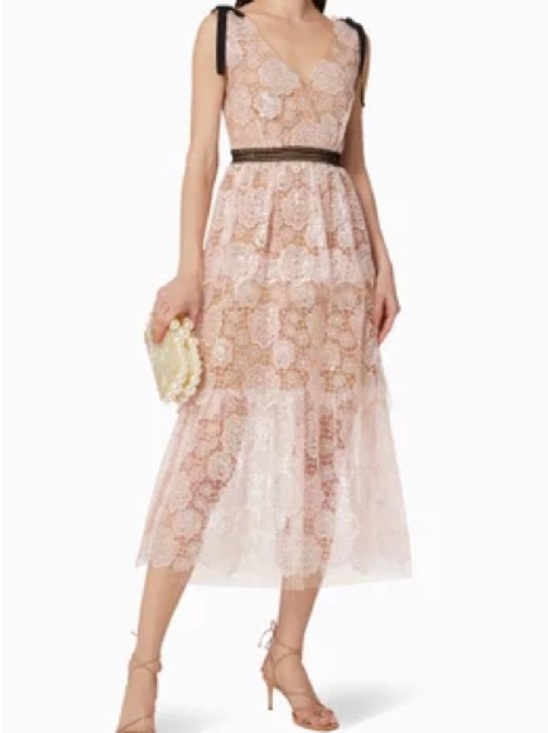 Self-Portrait Dresses & Skirts - Self-Portrait Starlet Rose Lace Midi Dress Pink Sequin Nude Lined US 0